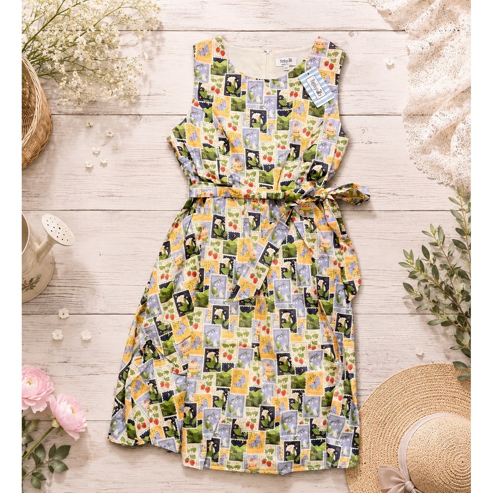 TulipB NWT Stamp Print Cotton Fit & Flare Dress Belted Size L Retro - Picture 10 of 10